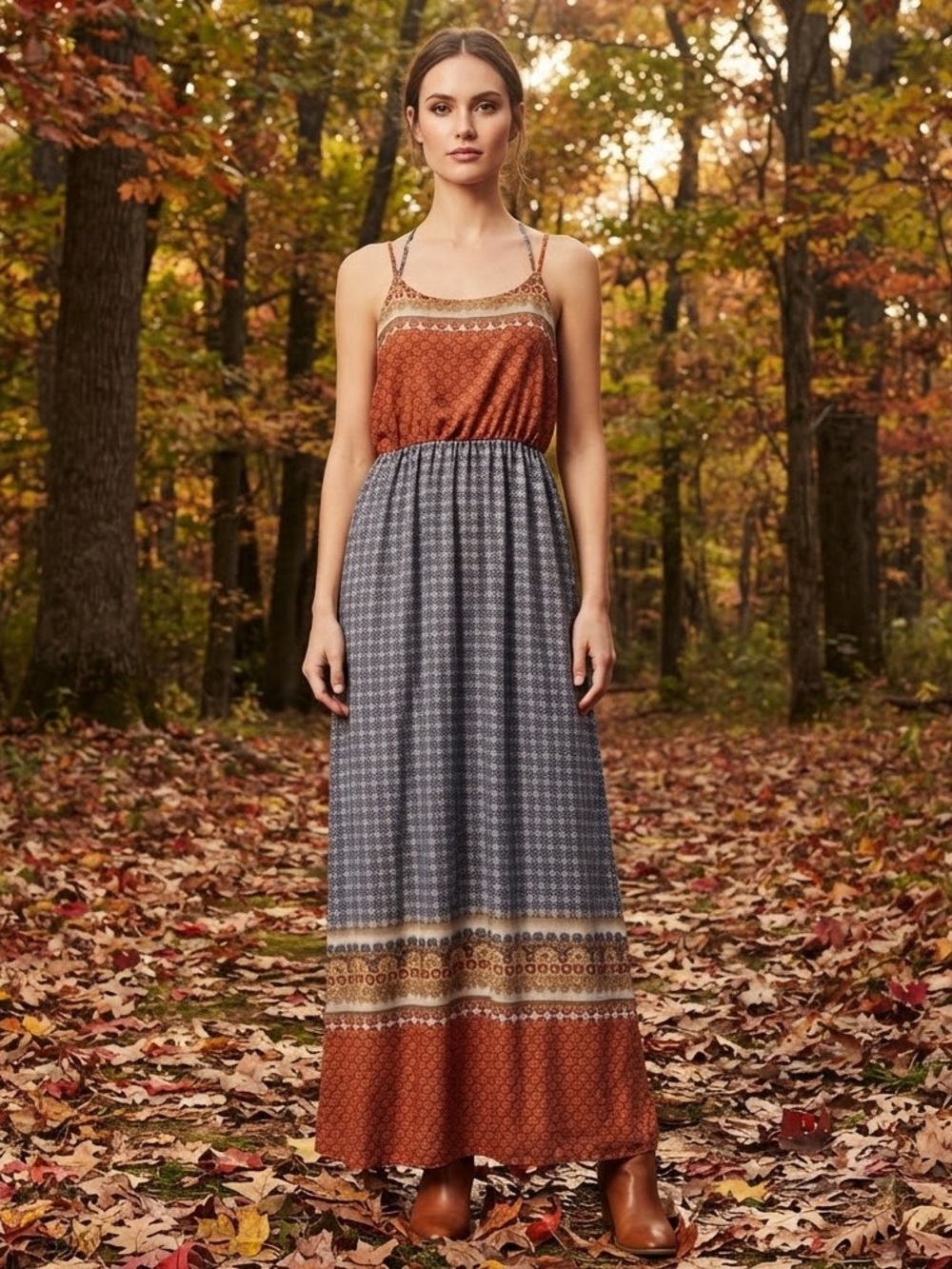 Umgee Two-Tone Spaghetti Strap Maxi Dress in Rust and Blue